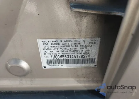 2004 Honda Accord 2.4 Lx из США, поврежденный, VIN 1HGCM56314A178274